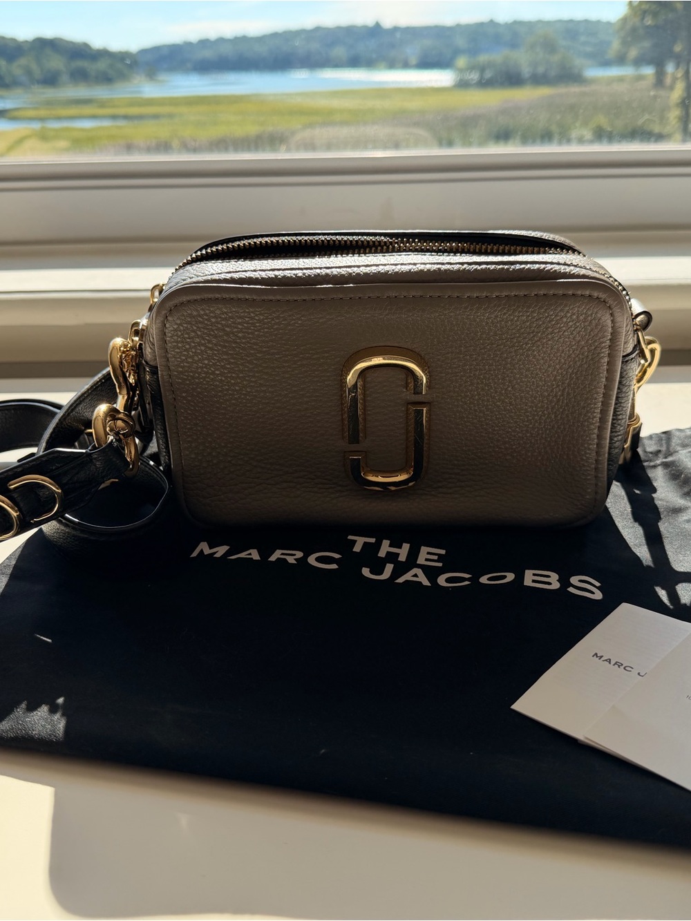 Marc Jacobs Taupe Leather Double Zip Crossbody Camera Bag with Gold Hardware
